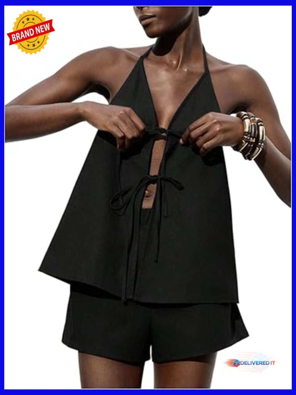 Women's 2 Piece Set Halter Top Linen Shorts Vacation Outfit Set